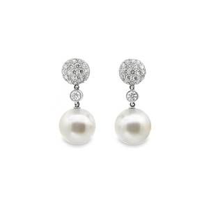 NEW OCTAGON women's pave diamond and pearl drop earrings in white